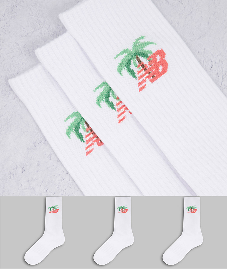 New Balance – Unisex – 3er-Pack Socken in Weiß mit rosa Palmenlogo