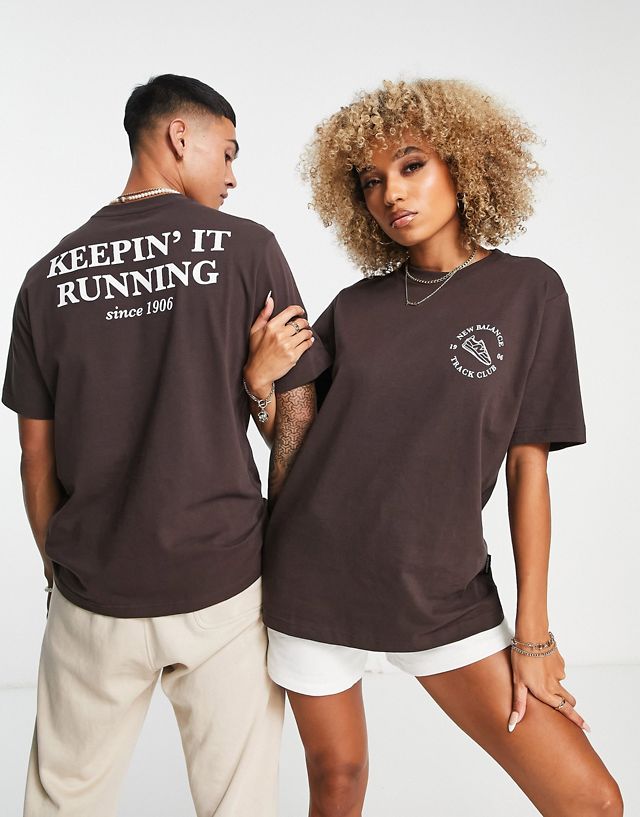 New Balance Unisex runners club T-shirt in dark brown - Exclusive to ASOS