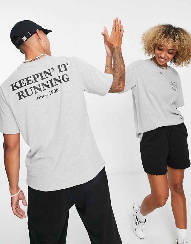 New Balance Unisex runners club t-shirt in gray - Exclusive at ASOS