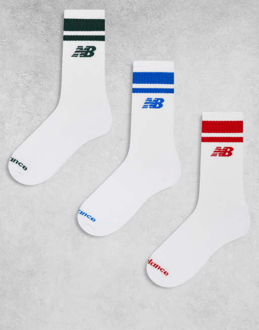 New Balance – Zestaw 3 par białych skarpetek średniej długości z kolorowymi paskami