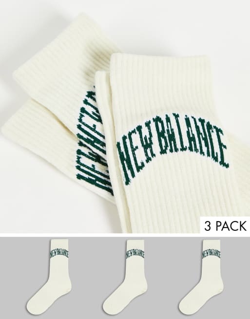 New Balance – Zestaw 3 par skarpetek z logo uniwersyteckim, w kolorze złamanej bieli i zieleni