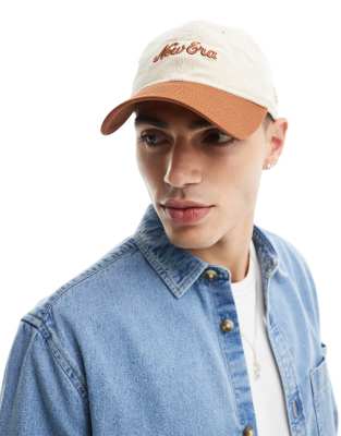 New Era 9twenty Script Logo Cord Cap With Contrast Orange Peak In Neutral