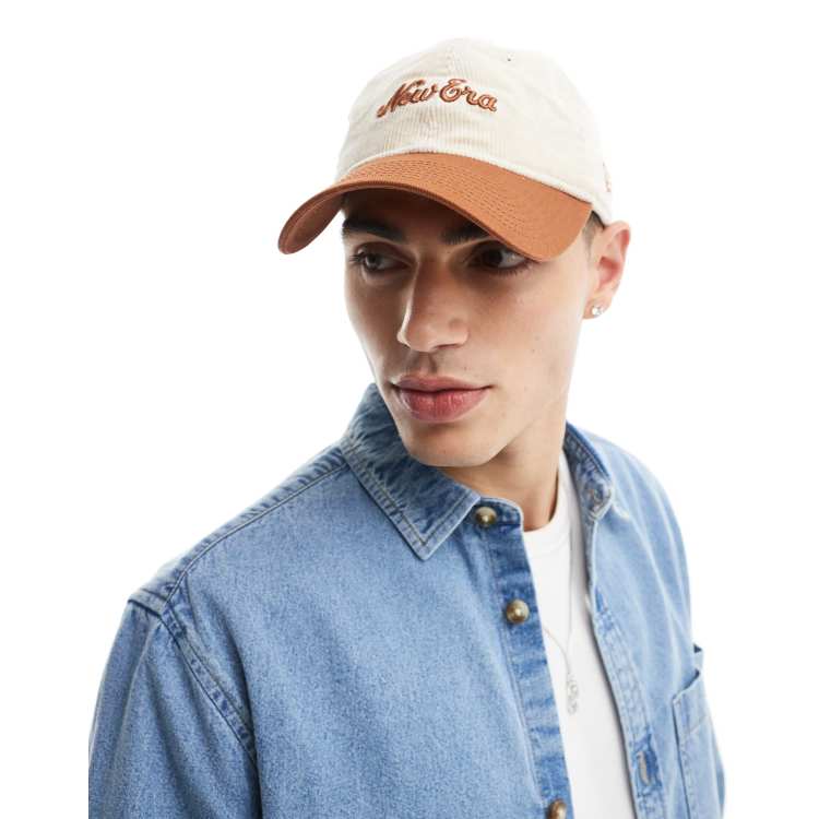 New Era 9twenty script logo cord cap with contrast orange peak in