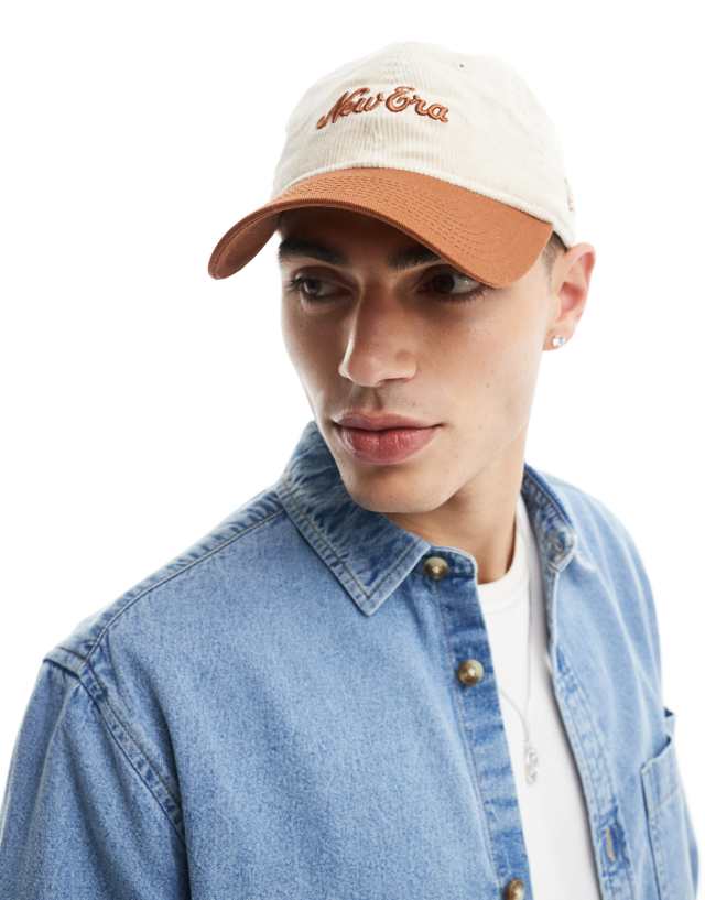 New Era 9twenty script logo cord cap with contrast orange peak in