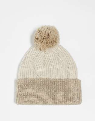 New Era - Beanie in Beige mit Bommel und Blockfarbendesign-Neutral