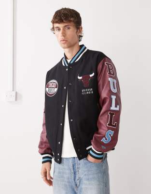 New Era New Era Chicago Bulls varsity jacket in black and burgundy-Multi