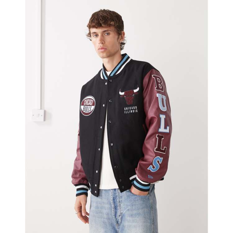 New Era Chicago Bulls varsity jacket in black and burgundy ASOS