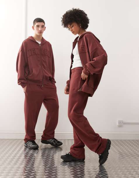 New Era - Co-ord set met hoodie met verlaagde schouders, rits en logo-applicatie en joggingbroek in rood met wassing - view 1