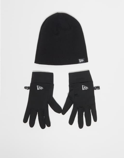 New Era – Czarny zestaw z dzianiny z logo z flagą: czapka beanie i rękawiczki do obsługi ekranów