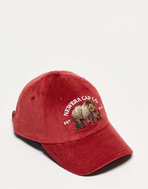 New Era – Czerwona sztruksowa czapka z daszkiem unisex z motywem dzikiej przyrody