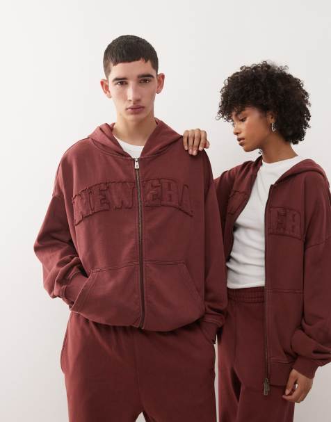 New Era drop shoulder zip through applique logo hoodie in washed red (part of a set) - view 1