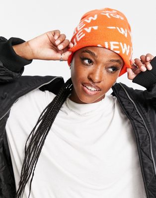 New Era Exclusive beanie hat with New York logo jaquard in orange