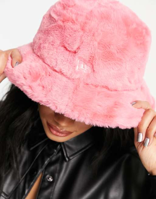 Faux fur bucket hat. Neon pink hat. Fuchsia fluffy hat. Bright