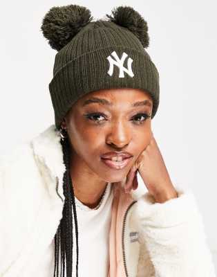 New Era Exclusive NY double pom beanie in brown rib | ASOS