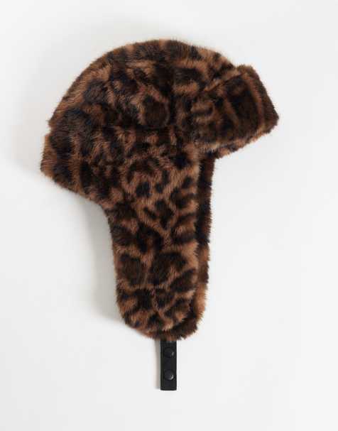 New Era faux fur leopard print trapper hat in brown multi - view 1