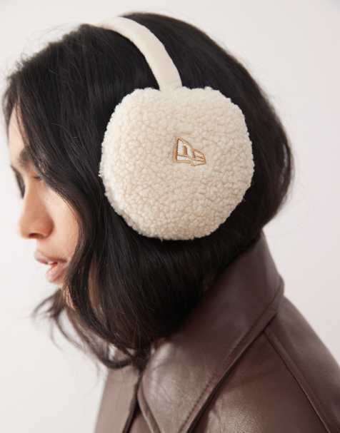 New Era flag logo borg ear muffs in cream - view 1