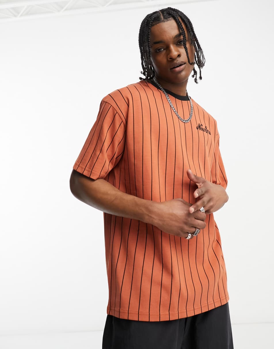 New Era heritage pinstripe t-shirt in orange