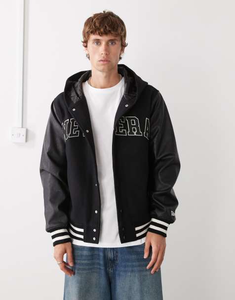 New Era hooded varsity bomber jacket in black - view 1