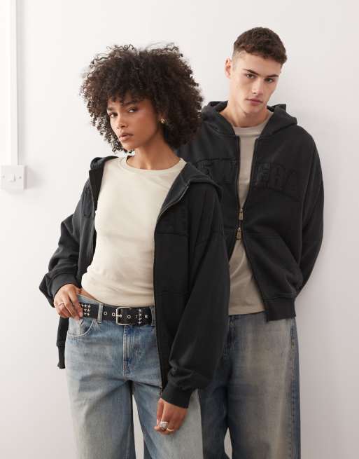 New Era - Hoodie met verlaagde schouders, rits en applicatielogo met wassing in zwart, deel van co-ord set