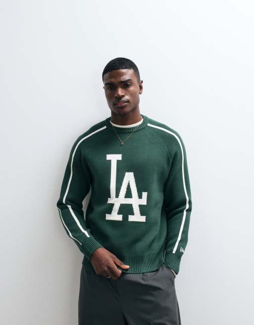 New Era LA Dodgers large logo knitted jumper with contrast piping in dark green, 4 of 5