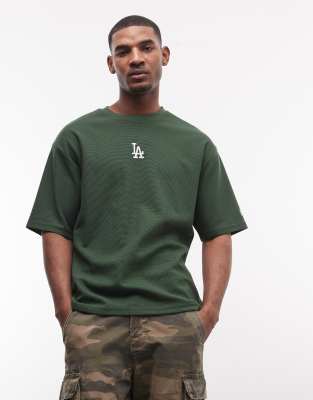 New Era New Era LA Dodgers logo waffle oversized t-shirt in dark green