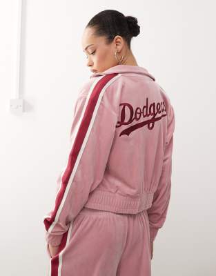 New Era New Era LA Dodgers side stripe velour zip through top co-ord in pink