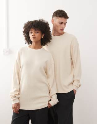 New Era - Langärmliges T-Shirt in Creme mit Waffelstruktur und Flaggenlogo-Weiß