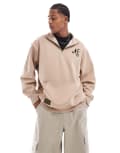 [New Era] New Era logo quarter zip sweatshirt in beige-Neutral XS beige