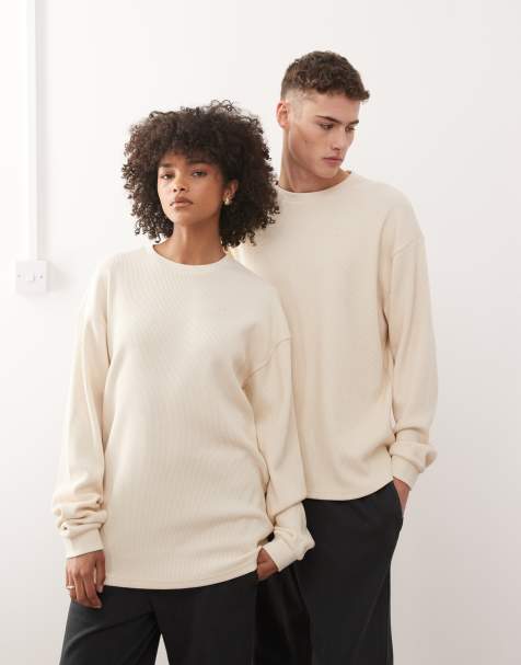 New Era long sleeve flag logo waffle t-shirt in cream