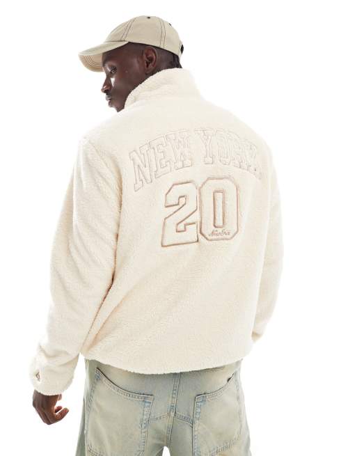 New Era MLB zip through borg jacket with motif back in cream, 4 of 4