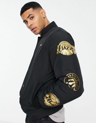 New Era NBA gold foil sleeve printed bomber jacket in black