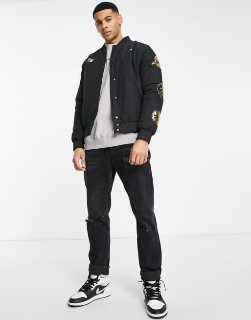 New Era NBA gold foil sleeve printed bomber jacket in black ASOS