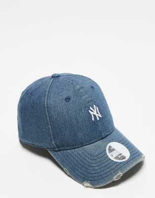 New Era - New York Yankees 9Twenty - Kappe aus dunklem Denim in abgenutzter Optik mit kleinem Logo-Blau