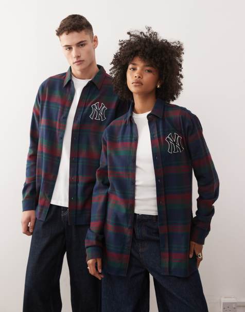 New Era NY Yankees long sleeve logo check shirt in blue