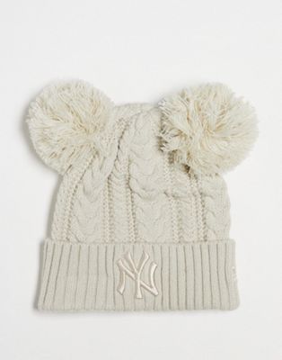 New Era NY double pom beanie in beige cable knit