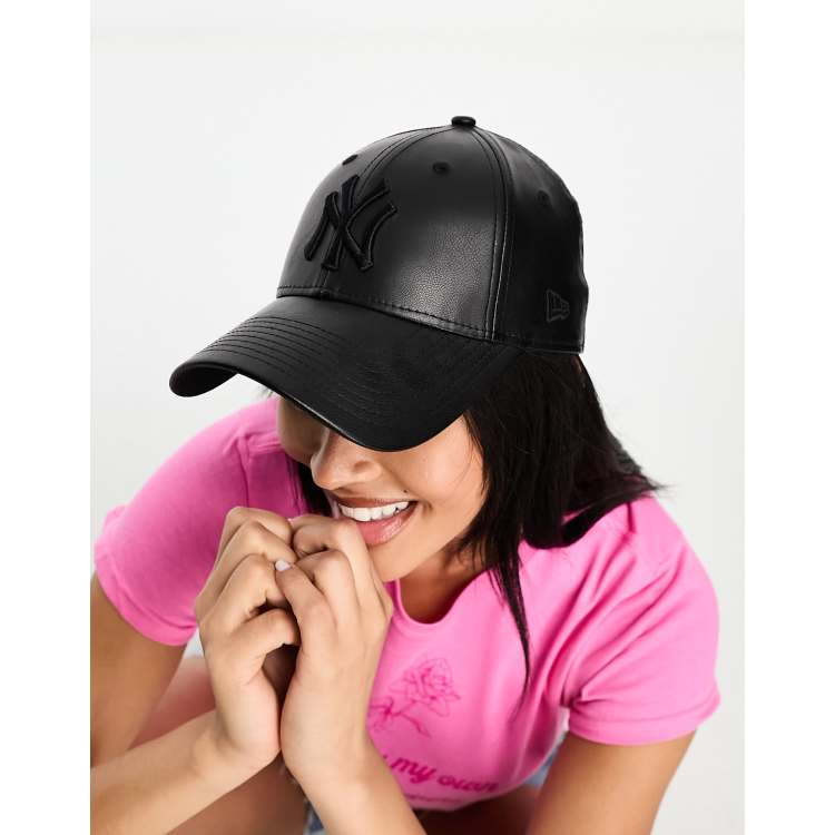 New Era NY leather look cap in black