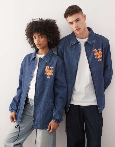 New Era NY Mets logo button through denim coach jacket in mid wash blue