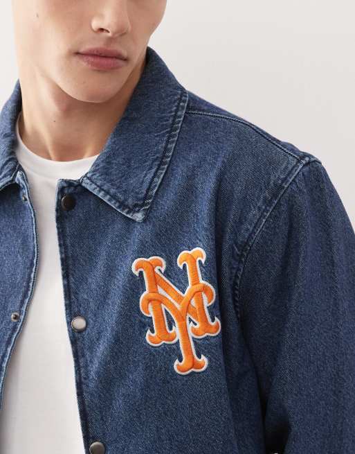 New Era NY Mets logo button through denim coach jacket in mid wash blue, 2 of 4