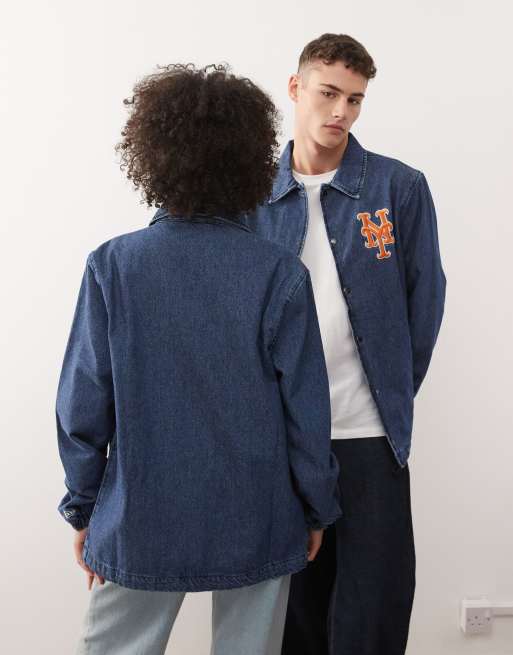 New Era NY Mets logo button through denim coach jacket in mid wash blue, 3 of 4