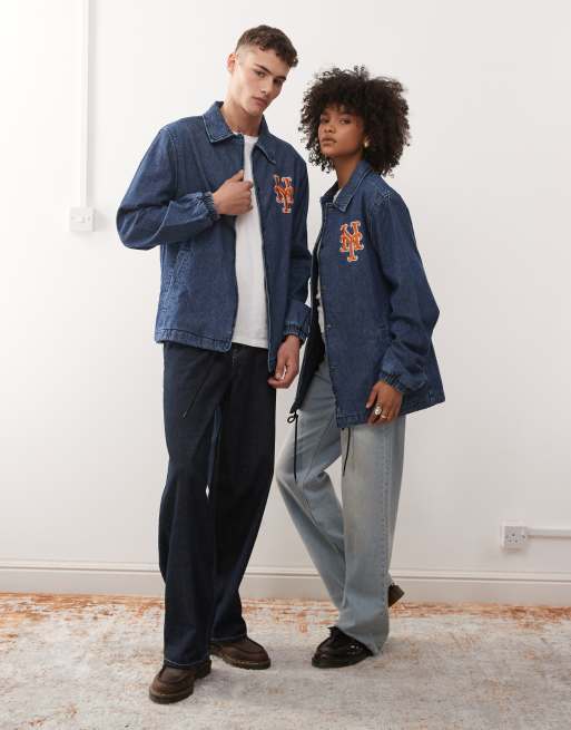 New Era NY Mets logo button through denim coach jacket in mid wash blue, 4 of 4