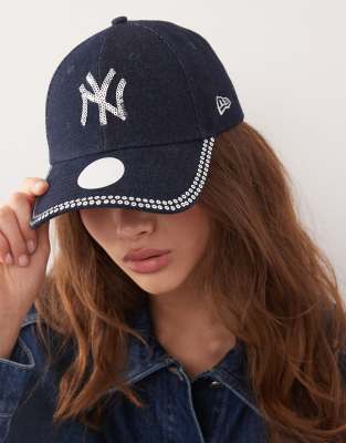 New Era New Era NY Yankees 9forty womens sequin logo denim cap in mid wash blue
