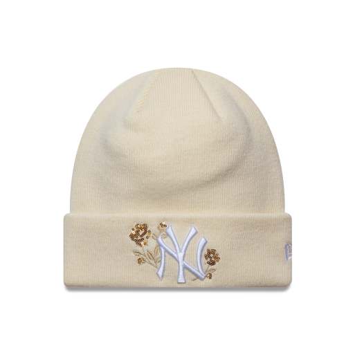 New Era – NY Yankees – Beżowa damska czapka beanie z logo i różyczkami z cekinów