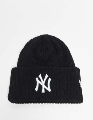 New Era - NY Yankees - Bonnet à large revers et logo en maille côtelée - Noir