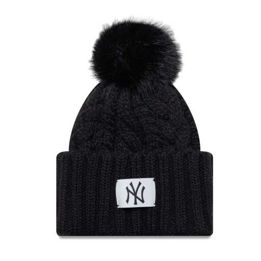 New Era – NY Yankees – Czarna damska czapka beanie z dzianiny o warkoczowym splocie z szerokim mankietem i pomponem