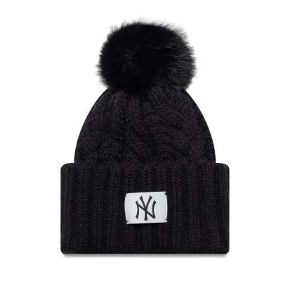 New Era - NY Yankees - Damen-Strickmütze in Schwarz mit breitem Umschlag, Zopfmuster und Bommel