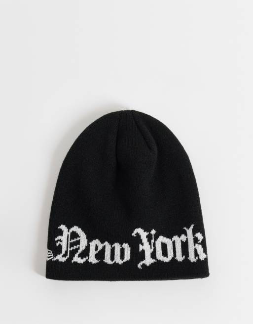 New Era NY Yankees gothic script logo knit beanie in black, 3 of 3