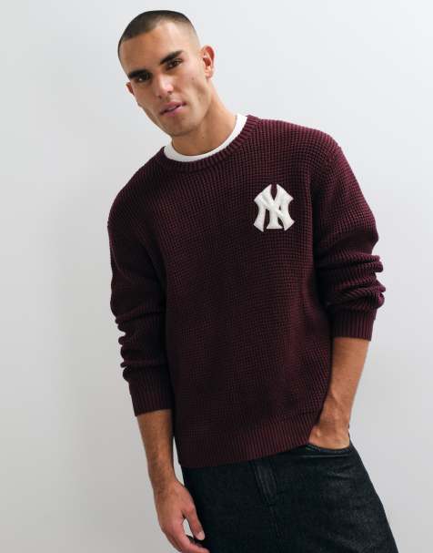 New Era NY Yankees logo MLB knitted waffle crewneck jumper in burgundy - view 1