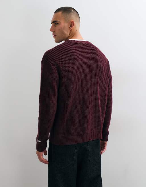 New Era NY Yankees logo MLB knitted waffle crewneck jumper in burgundy, 5 of 5