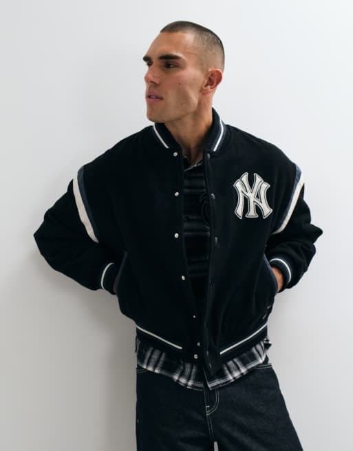 New Era NY Yankees logo MLB logo wool mix varsity jacket in black, 2 of 5