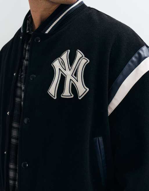 New Era NY Yankees logo MLB logo wool mix varsity jacket in black, 3 of 5